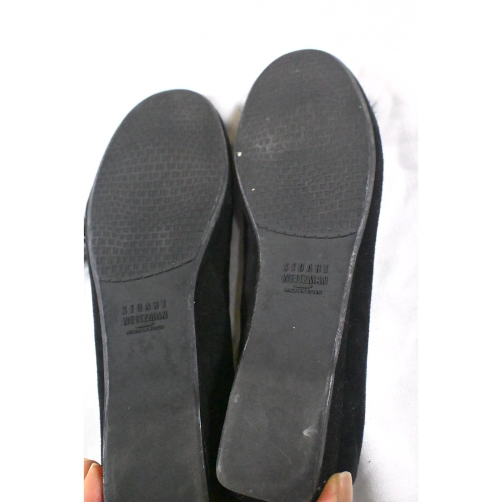 Stuart Weitzman Black Suede Fur Pom Pom Ballet Flats Elastic Scrunch Sz 8.5M Spa - Picture 7 of 9
